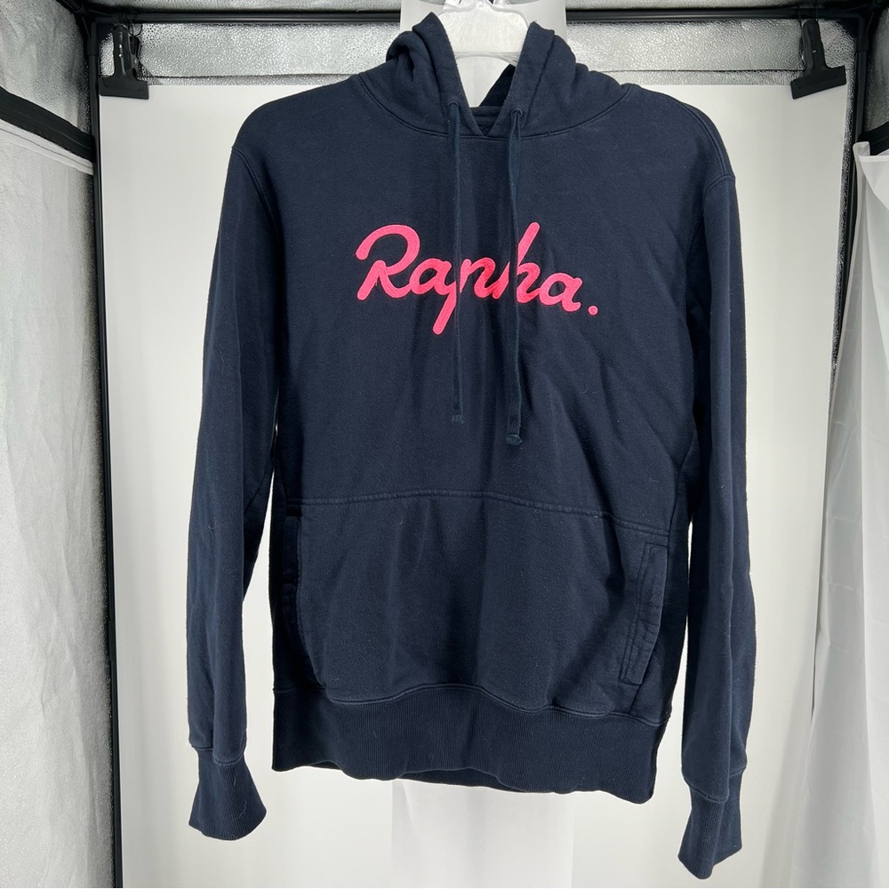 Rapha Navy Hoodie with pink stitched logo